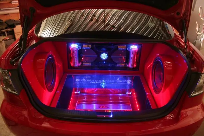 Interior of a luxury sedan with ambient lighting
