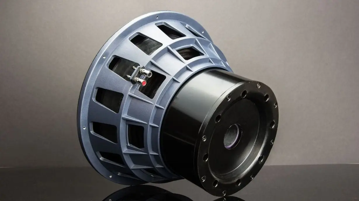 Close-up of a high-end subwoofer driver