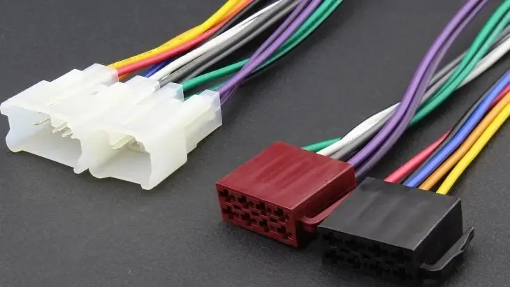 A collection of car audio wires and connectors